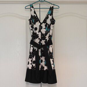Nine West Sundress with V-Neck, Contrast Border, Black White Turquoise, Size 2P